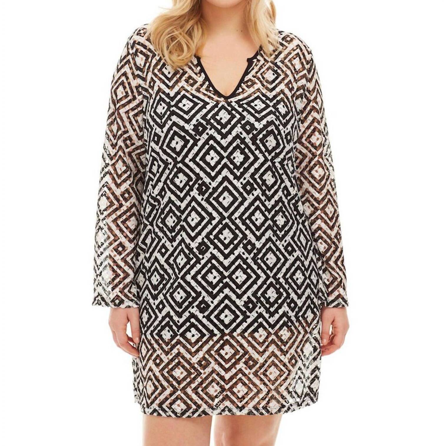 New Always For Me Plus Size Long Sleeve V-Neck Tunic Dress In Black And White Ge
